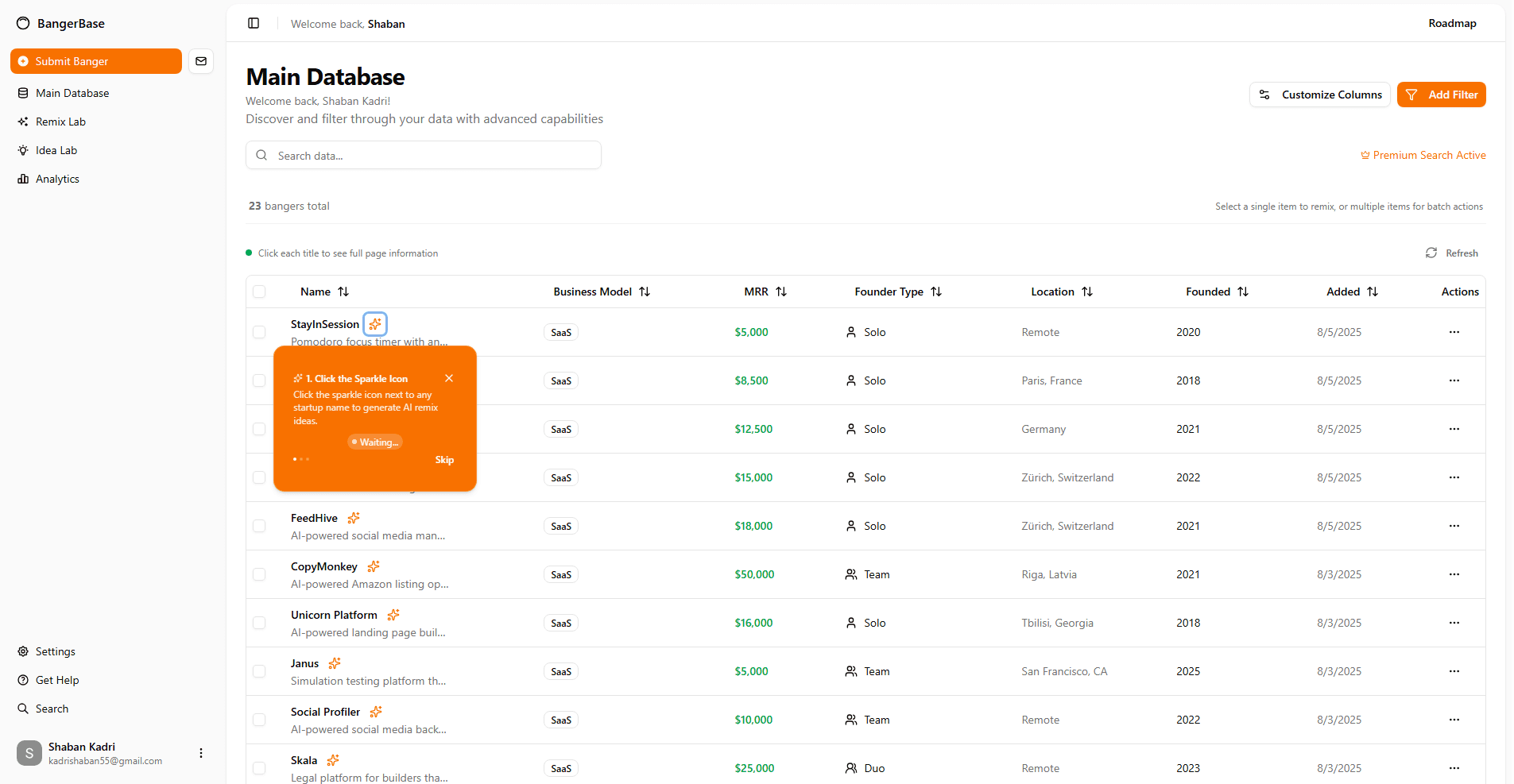 BangerBase Dashboard - Browse thousands of startup ideas